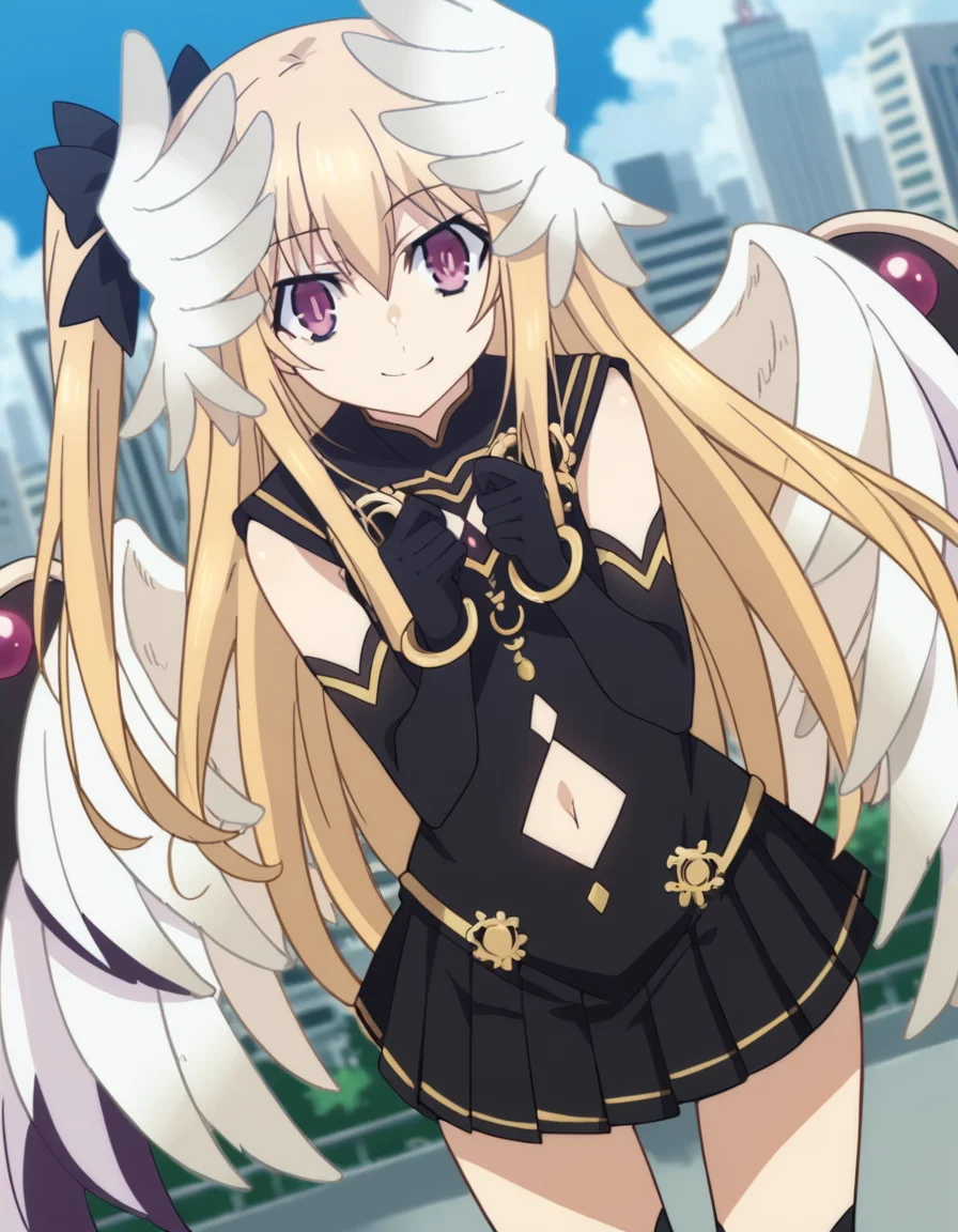 score_9, score_8_up, score_7_up, source_anime,
dalmayuri, <lora:dal-mayuri-movie-ponyxl-lora-nochekaiser:1>,
mayuri, long hair, blonde hair, hair between eyes, hair bow, one side up, bow, purple eyes,
gloves, dress, navel, wings, elbow gloves, black dress, clothing cutout, head wings, skirt, black skirt, pleated skirt,
outdoors, cityscape, bent over, smile,
solo, dutch angle, looking at viewer, cowboy shot,