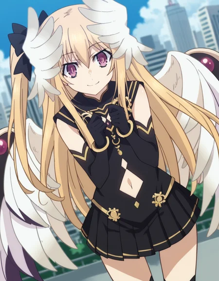 score_9, score_8_up, score_7_up, source_anime,
dalmayuri, <lora:dal-mayuri-movie-ponyxl-lora-nochekaiser:1>,
mayuri, long hair, blonde hair, hair between eyes, hair bow, one side up, bow, purple eyes,
gloves, dress, navel, wings, elbow gloves, black dress, clothing cutout, head wings, skirt, black skirt, pleated skirt,
outdoors, cityscape, bent over, smile,
solo, dutch angle, looking at viewer, cowboy shot,