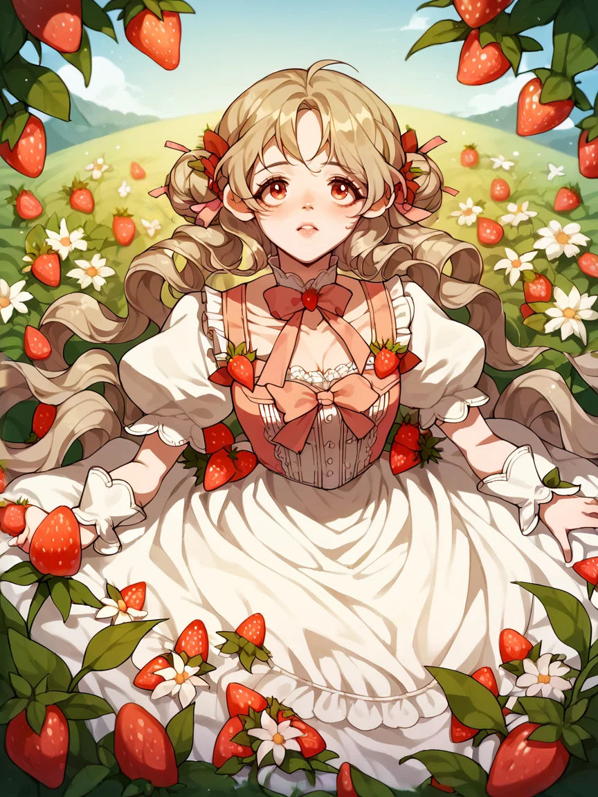 score_9, score_8_up, score_7_up, score_6_up, score_5_up,  <lora:lalangheejXLP:1> lalangheej, 1girl, puffy sleeves, dress, strawberry,