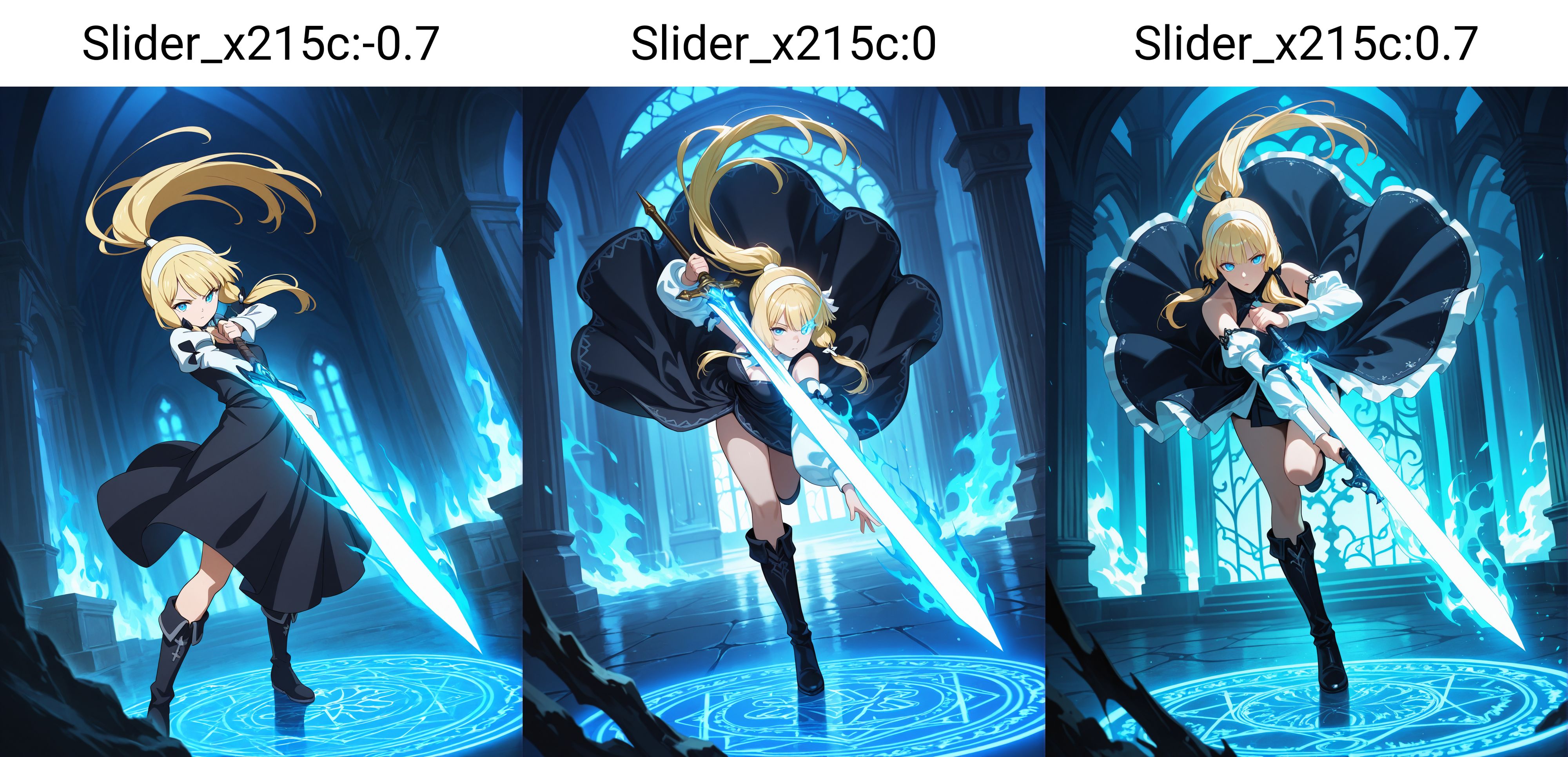 1girl, 
blonde hair, blue eyes, long hair, ponytail, white hairband, black dress, white sleeves, black boots, holding sword, glowing sword, blue glow, fantasy, dynamic pose, action, determined expression, detailed background, ornate architecture, blue lighting, ethereal, high contrast, intricate design, dramatic lighting, fantasy setting, intense atmosphere, anime style, detailed shading, flowing dress, powerful stance, glowing weapon, intricate patterns, fantasy world, epic scene illustrious style, weapon, blue fire, looking at viewer, glowing, dress, fire, magic circle, holding, holding weapon, flaming sword, boots, sword, hairband, glowing eye,
 <lora:hinaIDidSurgeryAlongSlider_x215c:-0.7>