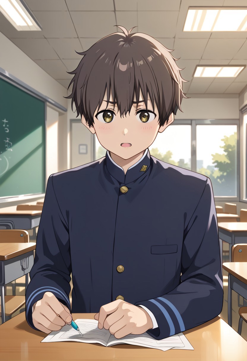score_9, score_8_up, score_7_up, score_6_up, masterpiece, best quality, 8k, 8k UHD, ultra-high resolution, ultra-high definition, highres ,source_anime,
//Fashion, 
//Background, school classroom,
//Others, 1boy,  male focus, Expressiveh, solo male,
//Action,  
BREAK,
//Character, KatagakiNaomi, gakuran,