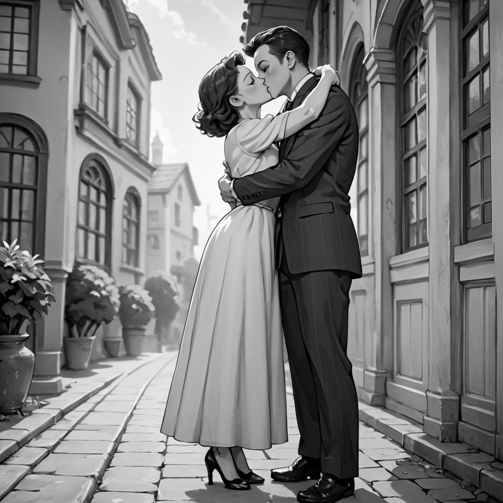 score_9, score_8_up, score_7_up, score_6_up, source_anime, portrait, hud_40s_lv, monochrome, greyscale, 1girl, 1boy, hug, kiss, suit, dress, high heels, film grain, cinematic, <lora:40sromance-000007:0.8>, outdoors