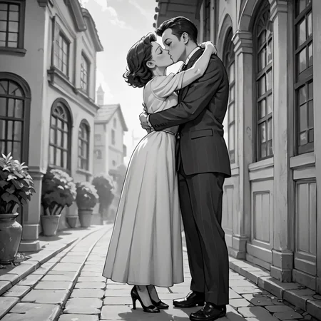score_9, score_8_up, score_7_up, score_6_up, source_anime, portrait, hud_40s_lv, monochrome, greyscale, 1girl, 1boy, hug, kiss, suit, dress, high heels, film grain, cinematic, <lora:40sromance-000007:0.8>, outdoors