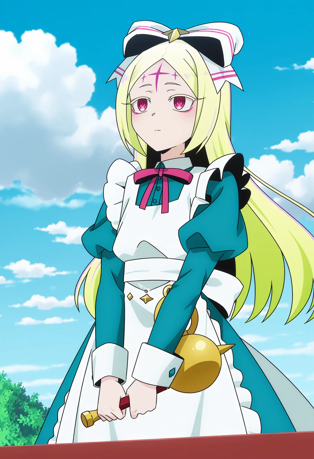 <lora:Morino Korisu_illustrious-000032:1>,
Morino Korisu,solo,sky,cloud,facial mark,forehead mark,parody,day,blue sky,holding,apron,long sleeves,bow,puffy sleeves,cloudy sky,dress,outdoors