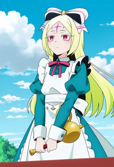 <lora:Morino Korisu_illustrious-000032:1>,
Morino Korisu,solo,sky,cloud,facial mark,forehead mark,parody,day,blue sky,holding,apron,long sleeves,bow,puffy sleeves,cloudy sky,dress,outdoors