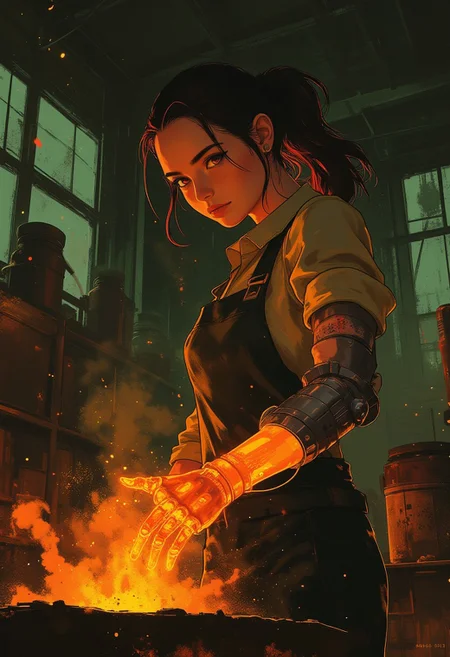 semi realism anime style, blacksmith's forge, a female blacksmith with a glowing prosthetic hand, glowing burnt orange <lora:Glowing_Prosthetic:1>