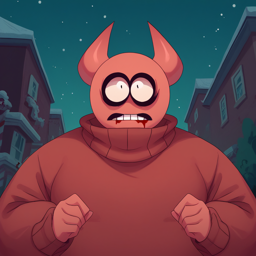 score_9_up, score_8_up, BREAK,  1boy, solo, BOBVELSEB, colored skin, red skin, horns, sweater, portrait, outdoors,  <lora:BobVelseb_PXL_Leaf1:1>, night, blood on clothes,