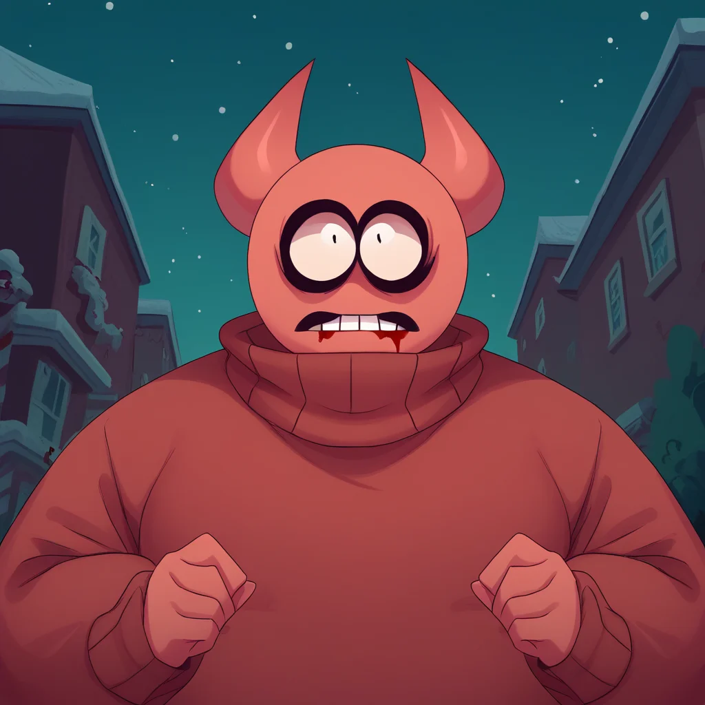 score_9_up, score_8_up, BREAK, 1boy, solo, BOBVELSEB, colored skin, red skin, horns, sweater, portrait, outdoors, <lora:BobVelseb_PXL_Leaf1:1>, night, blood on clothes,