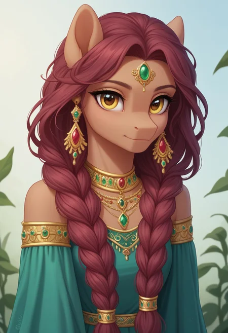 score_9, score_8_up, score_7_up, score_6_up, score_5_up, score_4_up, g4, solo, my little pony, pony, feral pony, cute, female, dark-skinned, dark rose mane, yellow eyes, long mane, braid hair, long braid, one braid, lush mane, Indian, cute, high res, detailed, beautiful face, beautiful, detailed, detailed fur, beautiful, indian dress, turquoise dress, long eyelashes, black eyelashes, black eyeliner, almond-shaped eyes, look at you, India, jewelry, gold, golden necklace, gems, gold earrings, forehead lace, full body, standing