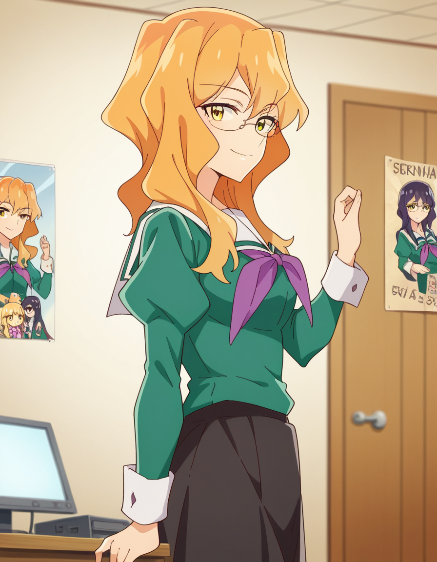 score_9, score_8_up, score_7_up, source_anime, <lora:sumika-chibana-s1-ponyxl-lora-nochekaiser:1>, sumika chibana, long hair, blonde hair, yellow eyes, glasses,, skirt, long sleeves, school uniform, puffy sleeves, serafuku, purple neckerchief, green shirt, black skirt, long skirt,, otaku room, posters, anime figures, computer, cluttered, smile, from side, looking at viewer, solo,, dutch angle, cowboy shot