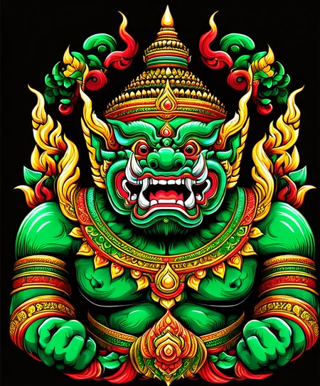 thai ogre style, giant, colors green red and gold, extremely detailed, digital art, t-shirt design, dark blackground <lora:thai ogre_style:0.80>
