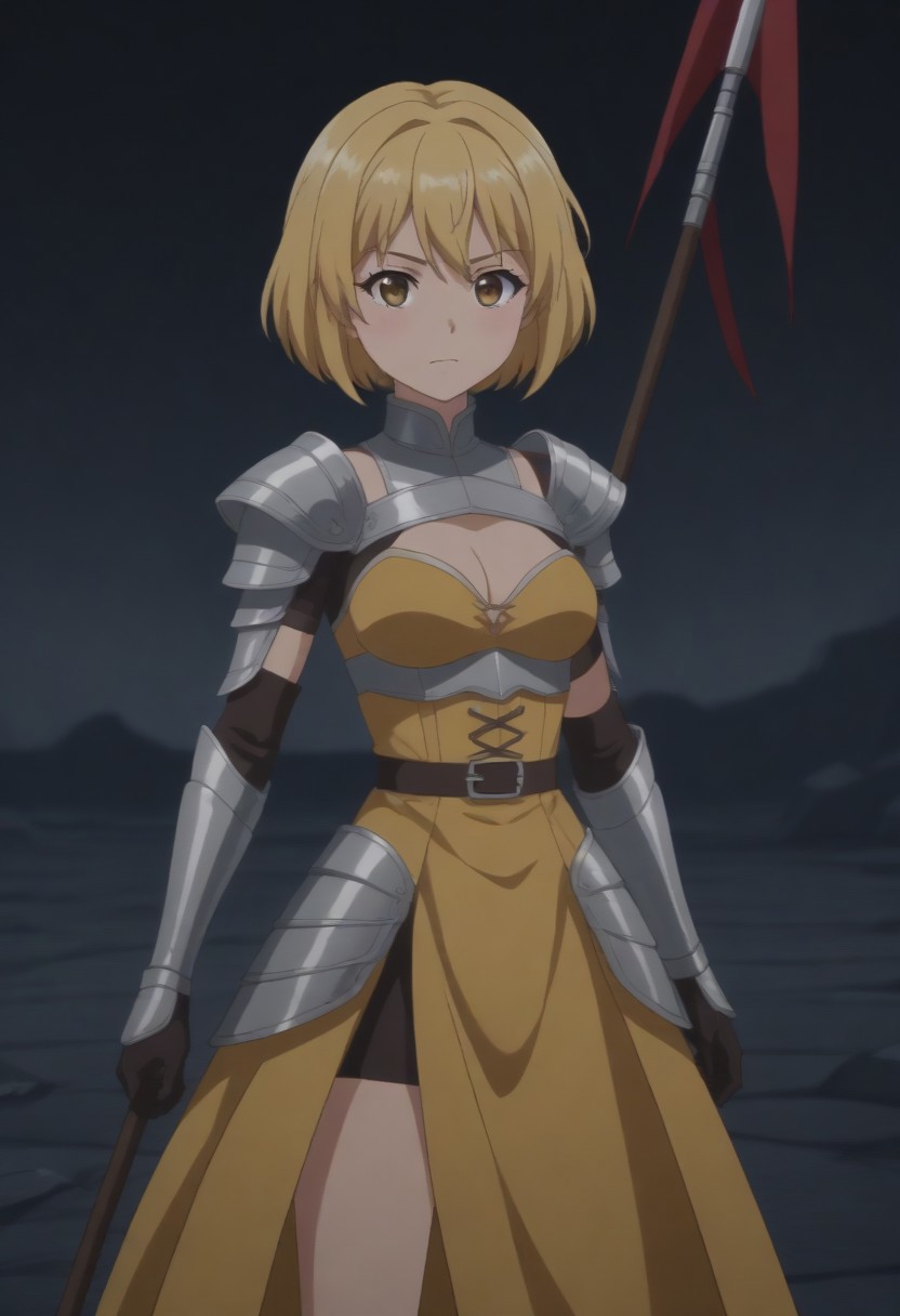 (outdoor, rubble, fantasy background, dim lighting:1.5), 
8k, super high vision:, intricate details, Super high quality, Super high resolution, masterpiece, full color, (anime art, anime screencap:1.5), 
super cute girl, super cute face, 
narrow waist, top heavy, tiny hips, small hips, skinny, tiny hips, hips, thigh, thighs, 
(brave perspective, holding spear, hold with both hands, hold a weapon in both hands, thunder spear, spear, flag, weapon bearer, dynamic:1.5), 
(female knight, dress armor:1.5), 
(beautiful breasts, medium breasts:1.5), 
(1girl, soro:1.5), 
(Jeanne, short hair, blonde hair, cowboy shot:1.5),