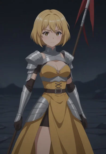 (outdoor, rubble, fantasy background, dim lighting:1.5),
8k, super high vision:, intricate details, Super high quality, Super high resolution, masterpiece, full color, (anime art, anime screencap:1.5),
super cute girl, super cute face,
narrow waist, top heavy, tiny hips, small hips, skinny, tiny hips, hips, thigh, thighs,
(brave perspective, holding spear, hold with both hands, hold a weapon in both hands, thunder spear, spear, flag, weapon bearer, dynamic:1.5),
(female knight, dress armor:1.5),
(beautiful breasts, medium breasts:1.5),
(1girl, soro:1.5),
(Jeanne, short hair, blonde hair, cowboy shot:1.5),
