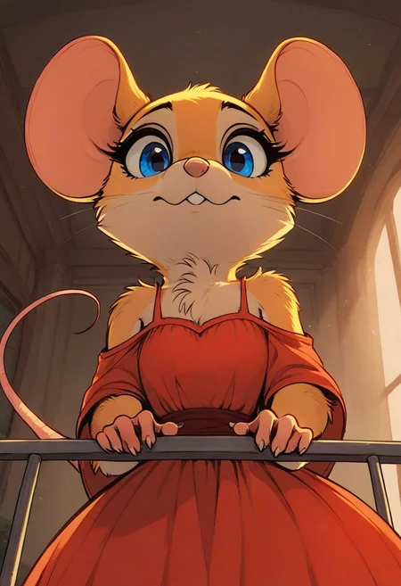 score_9, score_8_up, score_8, (solo), (fluffy:0.8), (feral:1.5), indoors, furry, (((mouse))), female, vivid blue eyes, yellow fur, yellow ears, claws, (fluffy cheeks:0.4), (red dress), cute, in the style of beatrix potter, cel-shading, backlit, look at viewer, smile, (close up:1.2), (head and shoulder portrait:1.8), (low angle view:1.5), flat color, (looking over edge of balcony), railing, hold railing, (concerned expression:1.5)