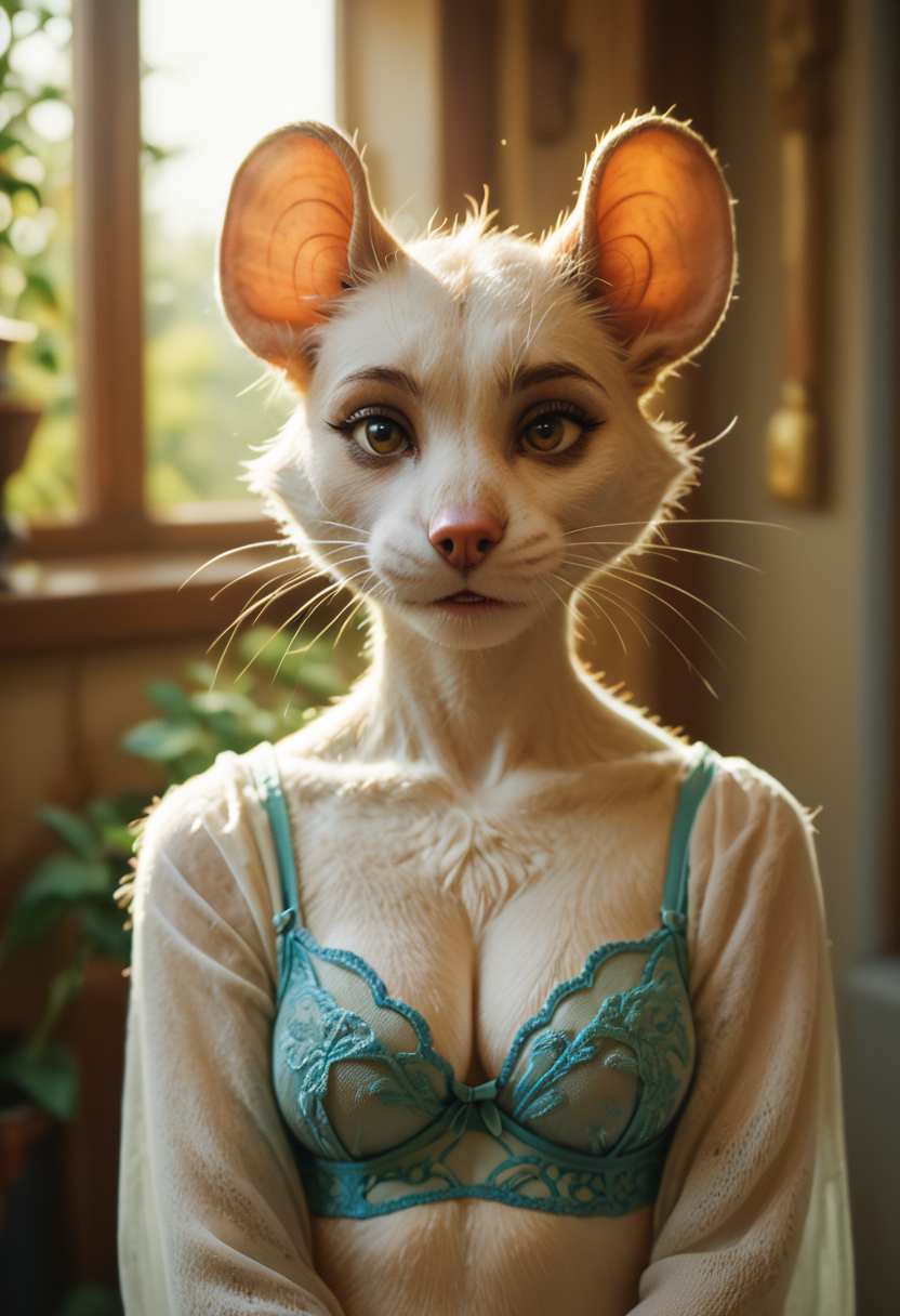 score_9, score_8_up, score_8, score_7_up, score_7, HD, cute anthromorphic female mouse focus, solo, close up portrait, fantasy, alchemical lab background, (dynamic lighting:1.1), ((masterpiece)), (anthro mouse), (soft fur), medium breasts, confident expression, colorful see-through lingerie