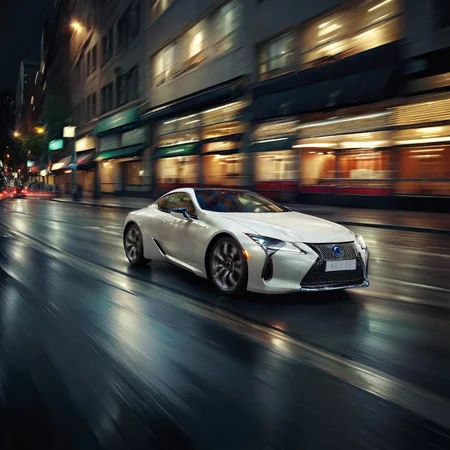 realistic photo of a white lexuslc car  in the city, dark night, headlights on, lights on, motion blur, <lora:LexusLC_SDXL_v1:1> <lora:Dont_Stop_Me_Now:0.8>