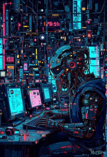 A hyper-detailed oil painting of a cyberpunk octopus operating multiple computers simultaneously. The octopus has glowing neon blue and green bioluminescent patterns on its skin. Tentacles are intertwined with sleek cables and keyboards. The computers emit holographic displays of vibrant data streams in a futuristic urban setting, filled with holographic advertisements. The background features a dimly lit room with metallic walls and industrial lighting. Fantastic lighting. Detailed shadows.intricate details, vivid colors, hyper-detailed, ultra-sharp, DB4RZ, DB4RZ style painting, NeoPigma, in the style of cksc, anime, cyberpunk
