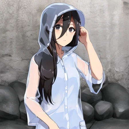((masterpiece)),(best quality), absurdres,sadako_yamamura,<lora:Sadakobest:0.8>,  <lora:Transparentraincoat:1>, transparent raincoat,hood up,