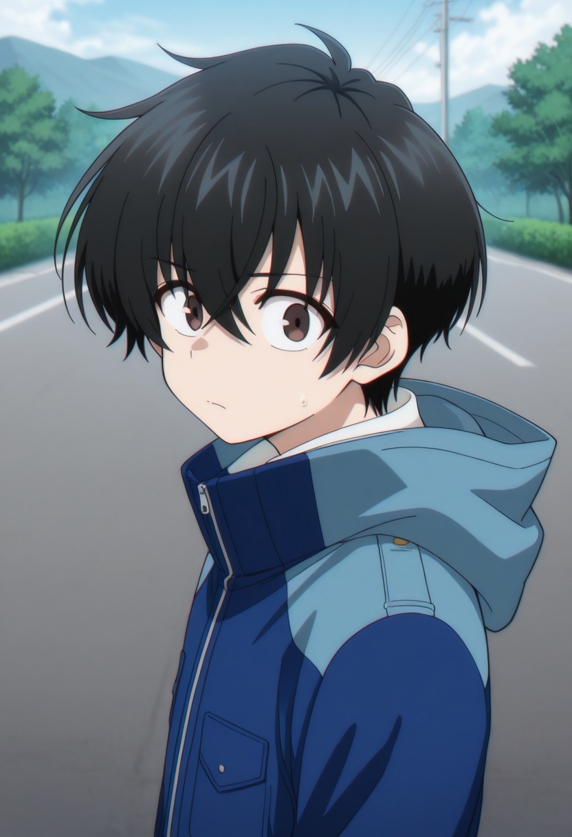masterpiece,best quality,amazing quality, source_anime, 
KeitaroGentoga, 
1boy, male focus, black hair, solo, looking at viewer, brown eyes, jacket, upper body, outdoors, closed mouth, hooded jacket, blue jacket