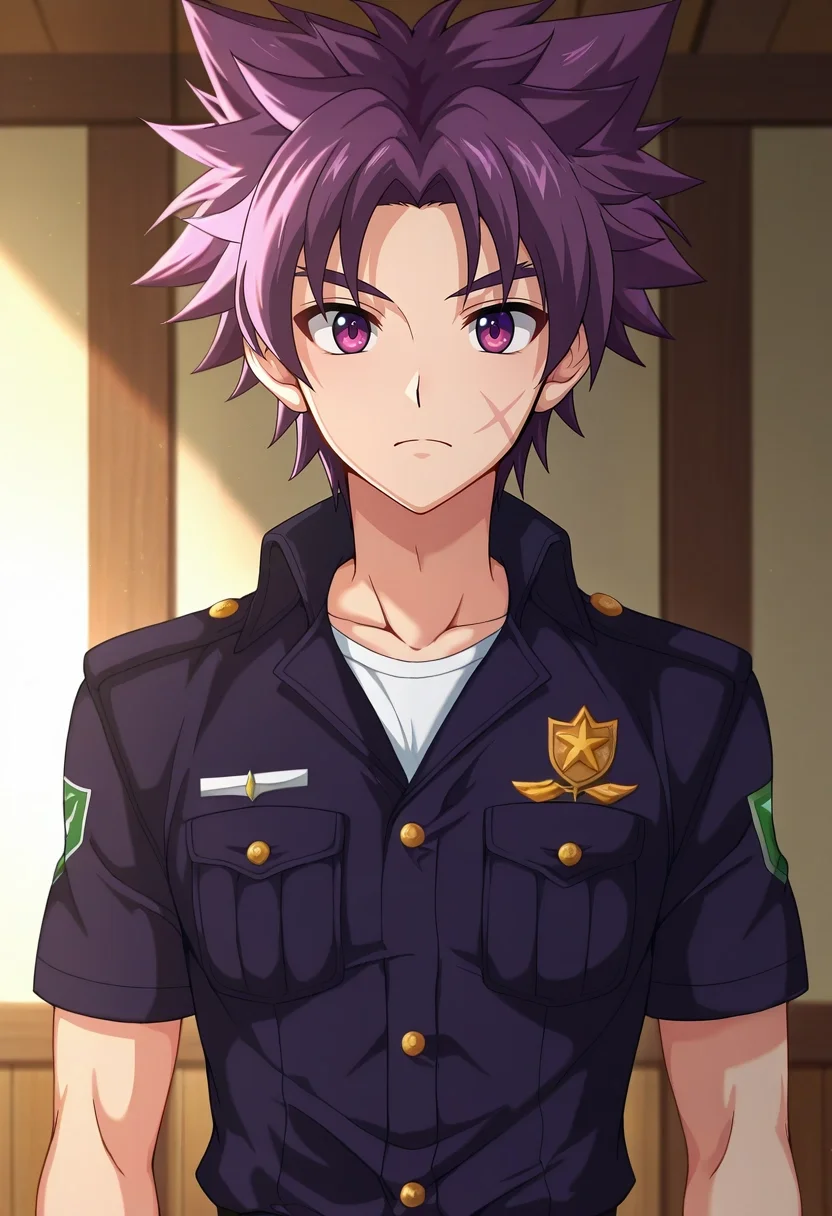 masterpiece, best quality, intricate details, anime screencap, , official style, , , 1boy, solo, male focus, <lora:yoichi_yukimura_ilxl:0.96>, yoichi_yukimura, purple hair, purple eyes, short hair, spiked hair, uniform, , texan costume