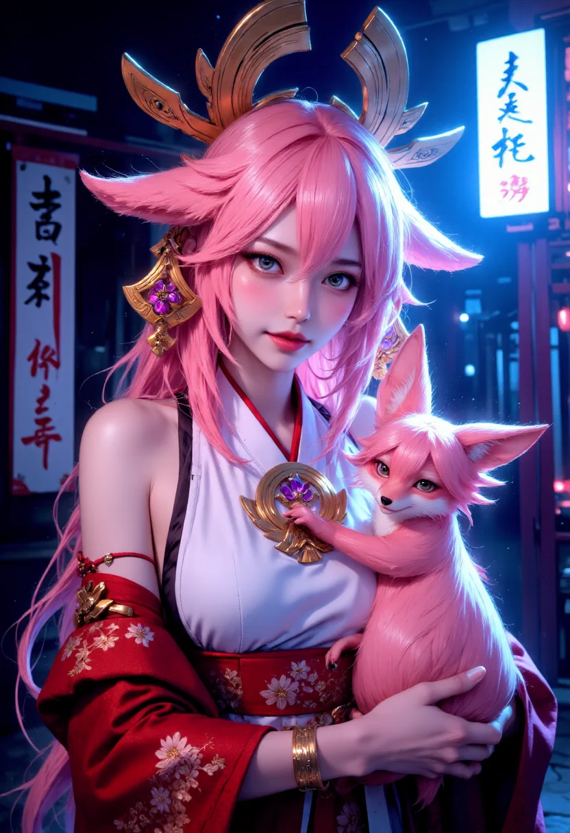 FluxYaeMiko, A striking illustration of a girlâs face, illuminated by a soft blue light, hugging a cute pink fox. long pink hair, petite, round breasts, gold jewelry, kimono, bare shoulders , shiny skin, bar, and creating a mysterious, cinematic atmosphere., cinematic, vibrant, photo, illustration <lora:FluxYaeMiko:1> <lora:FluxMythP0rtr4itStyle:1>