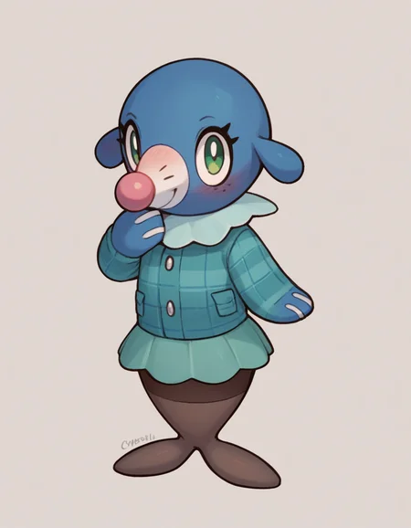 score_9, score_8_up, score_7_up, score_6_up, score_5_up, score_4_up, 1girl, full body, solo,
(cyan thick flannel jacket), (brown pantyhose), (green skirt),
<lora:Popplio v1:0.8> popplio, blue fur, white snout, pink nose, droopy ears, whisker markings, blue collar, frilled collar, pokemon \(creature\), (seal \(animal\):1.2), green eyes, eyelashes, fish tail, flippers, freckles, light smile, blush, looking at viewer, hand on own hip, hand at own mouth, looking at viewer,