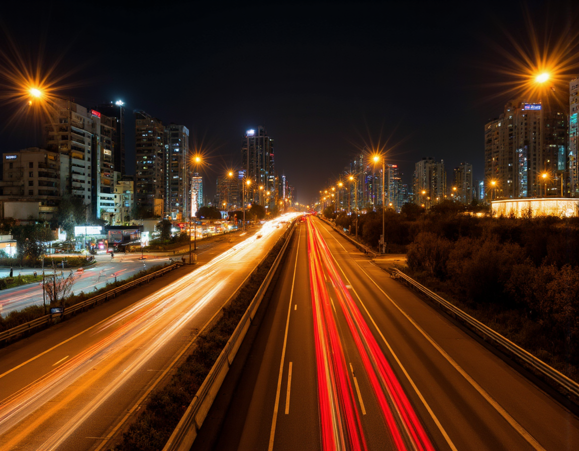  <lora:{blur, }Blur-000018:0.85> blur, A mesmerizing long exposure photograph of a bustling motorway at night, captured in stunning 8K resolution, with vibrant light trails stretching across the frame like ethereal brushstrokes. The main subject is the motorway itself, a sprawling network of asphalt and concrete, lined with sleek, modern streetlights that cast a warm, golden glow. The surrounding environment is a mix of urban and suburban landscapes, with towering skyscrapers and residential buildings visible in the distance, their windows and balconies a testament to human habitation. The lighting is predominantly artificial, with the motorway's streetlights and the headlights of passing vehicles combining to create a dazzling display of color and movement, as the long exposure time transforms the cars into streaks of light, weaving in and out of the lanes. The atmosphere is one of dynamic energy, with the light trails conveying a sense of speed and motion, while the static background elements provide a sense of stability and context. The shot is a wide-angle view, capturing the motorway's vast expanse and the surrounding cityscape, with a shallow depth of field that emphasizes the light trails and blurs the background, creating a sense of depth and dimensionality. The image features a hyper-detailed rendering style, with intricate textures and subtle gradients that enhance the overall sense of realism, and the long exposure time has introduced a subtle blur to the scene, giving it a dreamy, surreal quality. The photograph is framed in a cinematic aspect ratio, with the motorway stretching out to the horizon, and the light trails disappearing into the distance, creating a sense of infinity and wonder. . 35mm photograph, film, bokeh, professional, 4k, highly detailed