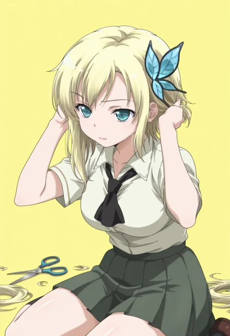 anime screencap, anime coloring, ,     <lora:DX888Sena:1> kashiwazaki sena, aqua eyes, blonde hair, long hair, butterfly hair ornament, school uniform, white shirt, ascot, pleated skirt,  BREAK  yellow background, splatter background,( simple background:1.2), BREAK  1girl,cutting hair, cutting own hair,hair focus,hand in own hair, holding, holding own hair, holding scissors, scissors, severed hair,  (short hair:1.3), (asymmetrical hair:1.2), hair on floor, solo