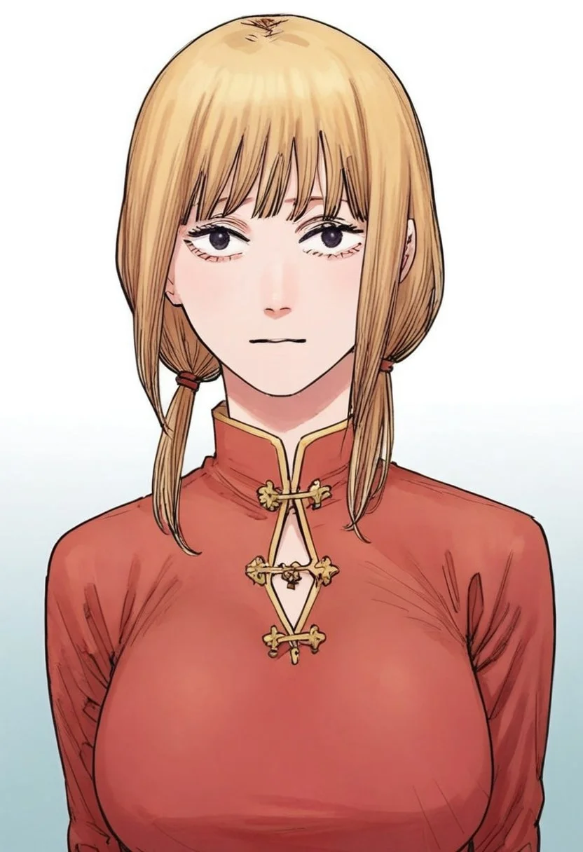 score_9, score_8_up, score_7_up, score_6_up, Masterpiece, 1girl, face focus, face close up, huge breasts, saggy breasts, thick thighs,
1girl, blonde hair, blunt bangs, very medium hair, low twintails, Black eyes,
sexy china dress, red dress, cleavage