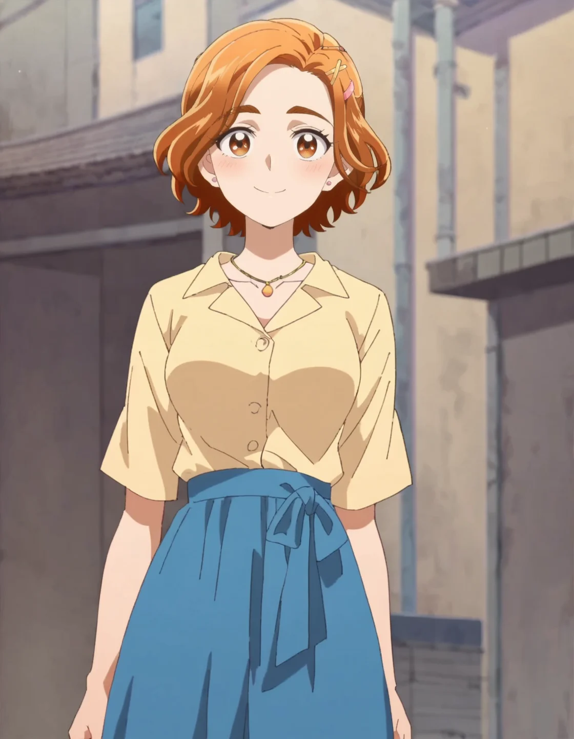score_9, score_8_up, score_7_up, 1girl, solo, anime screencap, 1girl, solo,hyuugasaki,  jewelry, hair ornament, smile, looking at viewer, shirt,  hairclip,yellow shirt, blue skirt,necklace, cowboy shot,medium breasts,blush <lora:hyuugasaki:0.8>