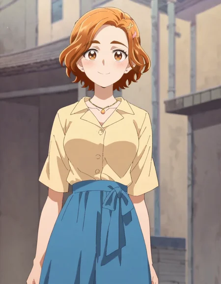 score_9, score_8_up, score_7_up, 1girl, solo, anime screencap, 1girl, solo,hyuugasaki, jewelry, hair ornament, smile, looking at viewer, shirt, hairclip,yellow shirt, blue skirt,necklace, cowboy shot,medium breasts,blush <lora:hyuugasaki:0.8>