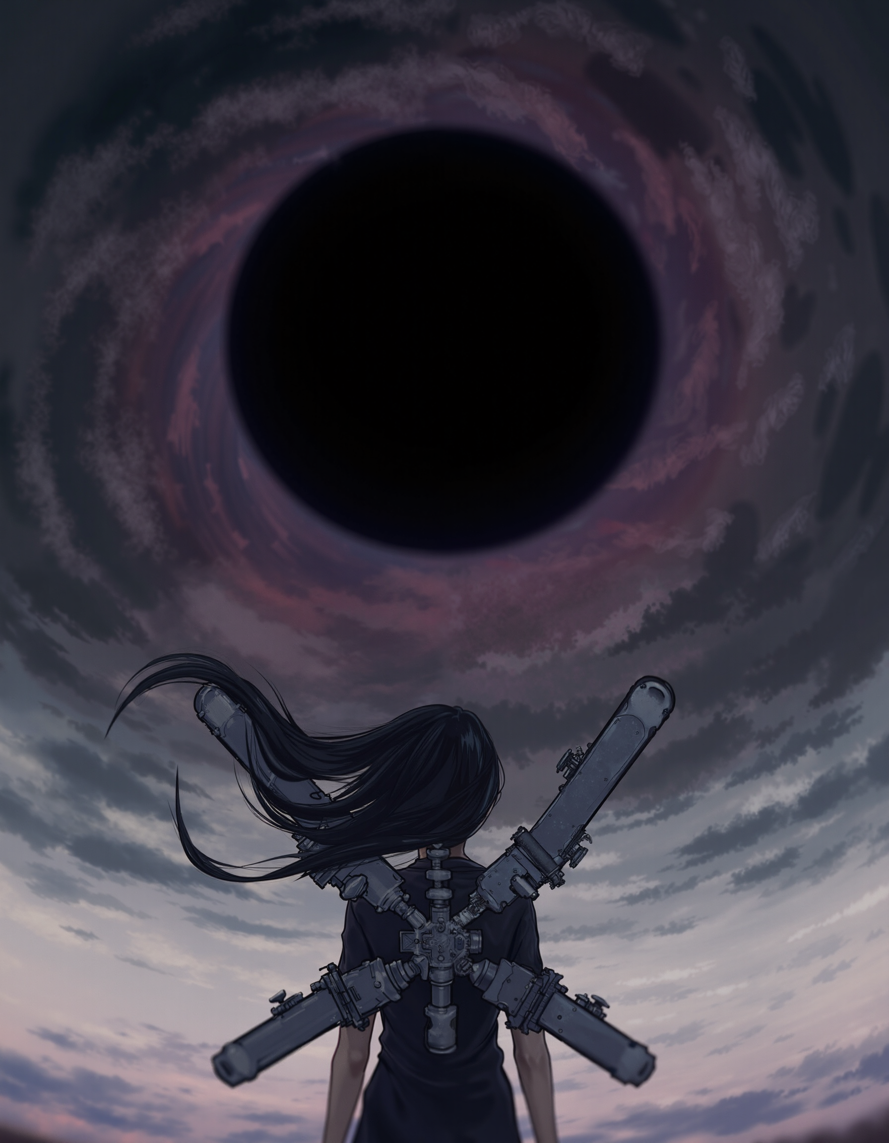 1girl, long hair, black hair, facing away, mechanical wings, mechanical spine, black hole, from behind, no lineart, realistic, blurry, masterpiece, [best quality:0.25], newest, absurdres, very aesthetic, best quality, year 2024, newest, The painting is in the style of umesky. <lora:Grimmold:0.5> <lora:ume_sky_v2:0.8>