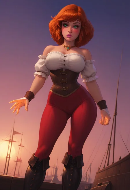 masterpiece,best quality, highly detailed, score_9, score_8_up, score_7_up, score_6_up, source_cartoon, BREAK, apriloneil, orange hair, green eyes, large breasts, pink lips, big ass, wide hips,
Detailed face,
Detailed hands,
hero shot, low angle, sharp focus, dynamic lighting. daytime on a pirate ship, sexy, a candid moment. Woman, solo, standing, posing, looking toward horizon, a sexy pirate, tight fitted corset, ruffle sleeve jerkin, leggings, high leather boots, medieval clothing, detailed skin, detailed face, radiant, jewelry, blushing, alluring expression,