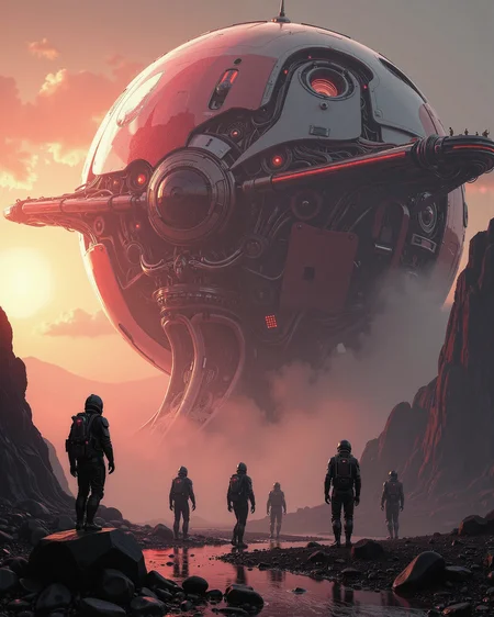 A highly detailed, high-quality image in the style of ckrcc, a fractal-shaped Artemis Station spaceport megastructure of a Colossal scale in background, gleaming colorful metallic surfaces glistening with condensation from the mist, red glowing diodes and lights, large depth of field, sunset, silhouetted, directional lighting, with scientists in spacesuits surrounding it
