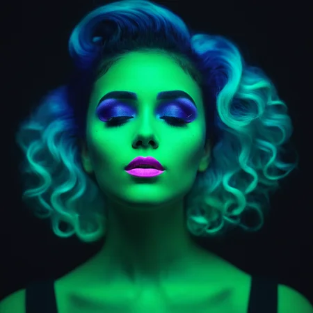 cinematic film still of <lora:Ultraviolet lighting Style:1>
a woman with neon makeup and neon hair Ultraviolet lighting Style,1girl,solo,simple background,closed eyes,upper body,hand up,lips,glowing,colored skin,black background,curly hair,green skin, shallow depth of field, vignette, highly detailed, high budget, bokeh, cinemascope, moody, epic, gorgeous, film grain, grainy