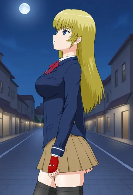 1girl, solo, ryusenkarenplutocrat, blonde hair, long hair, blue eyes, blazer, shirt, medium breasts, neck ribbon, fingerless gloves, skirt, thighhighs, standing, from side, outdoors, street, night, moon,cityscape, parted lips, looking up, cowboy shot