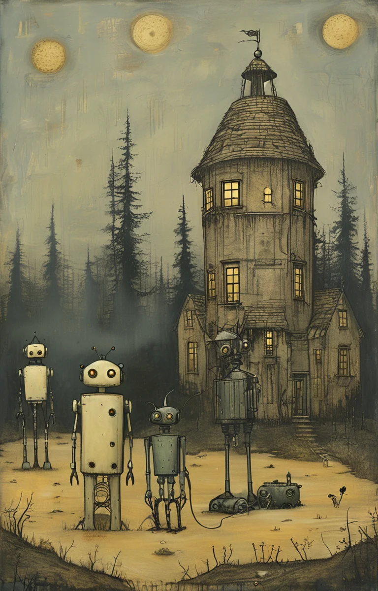 masterpiece,best quality,<lora:tbh219-sdxl:0.9>,illustration,style of John Kenn Mortensen portrait of Housework robots