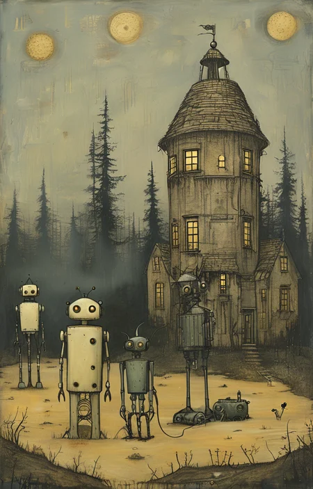 masterpiece,best quality,<lora:tbh219-sdxl:0.9>,illustration,style of John Kenn Mortensen portrait of Housework robots