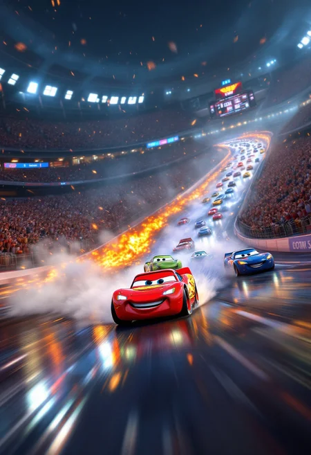 aidmafluxpro1.1, in the style of Jed-clrfl,
highly detailed 8K image,
This is a super high-quality 8K photo. This is a high-quality photo of the cars from the Pixar Cars series, just like real cars. It shows Lightning McQueen racing against other cars from the Pixar Cars series in a grand racing stadium. There are a lot of spectator cars in the stadium. Lightning McQueen is in the lead, Jackson Storm is in second place, and Cheek Hicks is in third place. Several cars collide, creating huge flames and smoke, but Lightning McQueen, Jackson Storm and Chick Hicks luckily escape the crash and remain in the lead.