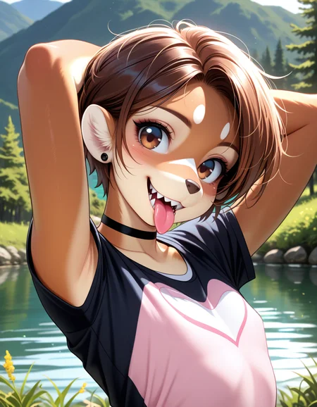 masterpiece, best quality, very aesthetic, absurdres,
outdoors, lake,
upper body, face focus, arms arms behind head,
t-shirt,
happy, head tilt, tongue out, sharp teeth,
<lora:Mikhaila_v01_NAIXL:1>
M1k4a11a,1girl,solo,furry,furry female,short hair,brown hair,brown eyes,animal nose,choker,body fur,brown fur,