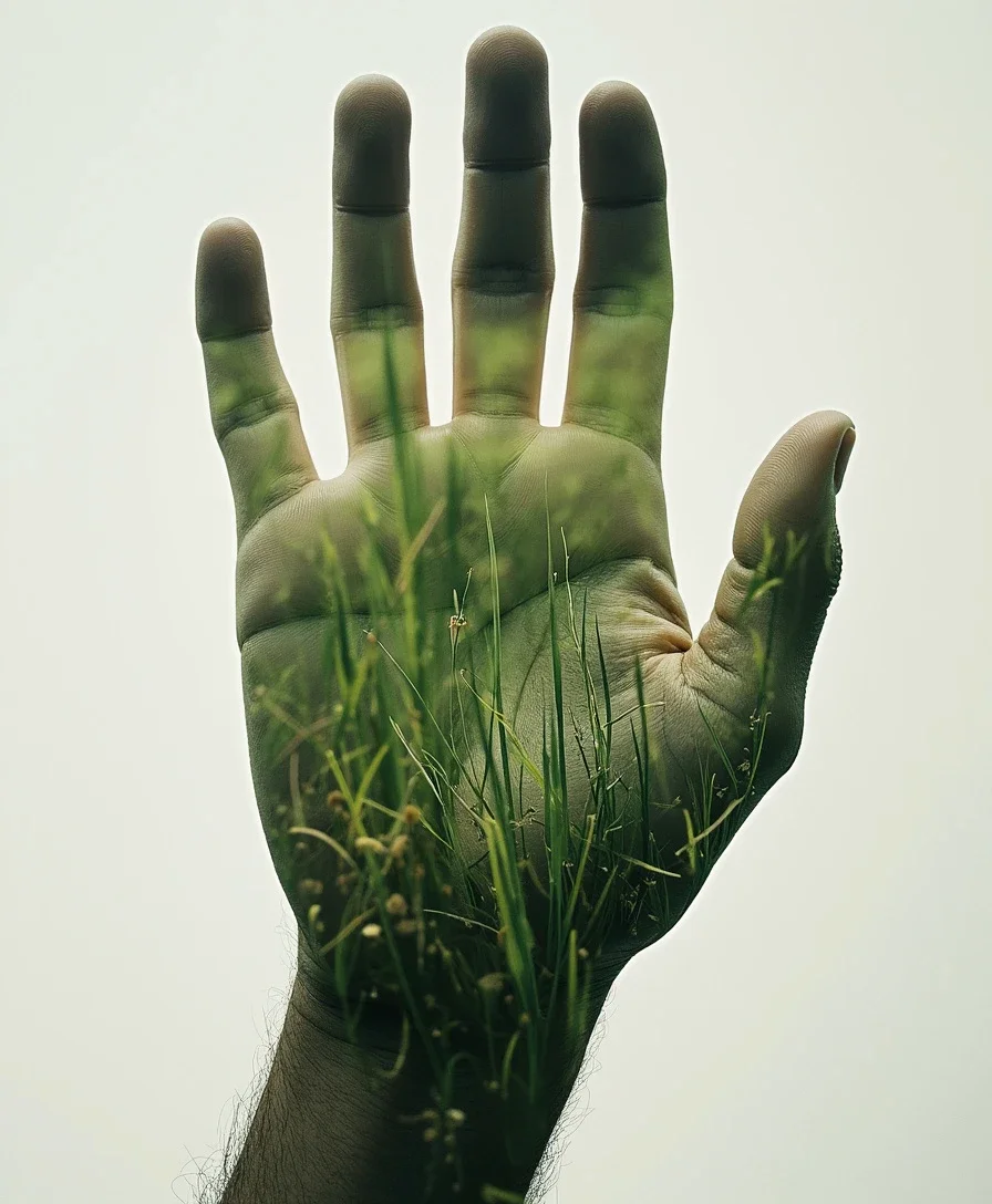 photo of a double exposure picture in the shape of a hand, inside the hand shape is a detailed image of grass