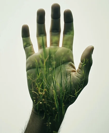 photo of a double exposure picture in the shape of a hand, inside the hand shape is a detailed image of grass