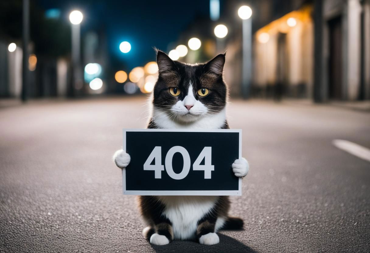 A sad cat on a street, holding a sign saying  "404", background is empty street, no people around, shot at night