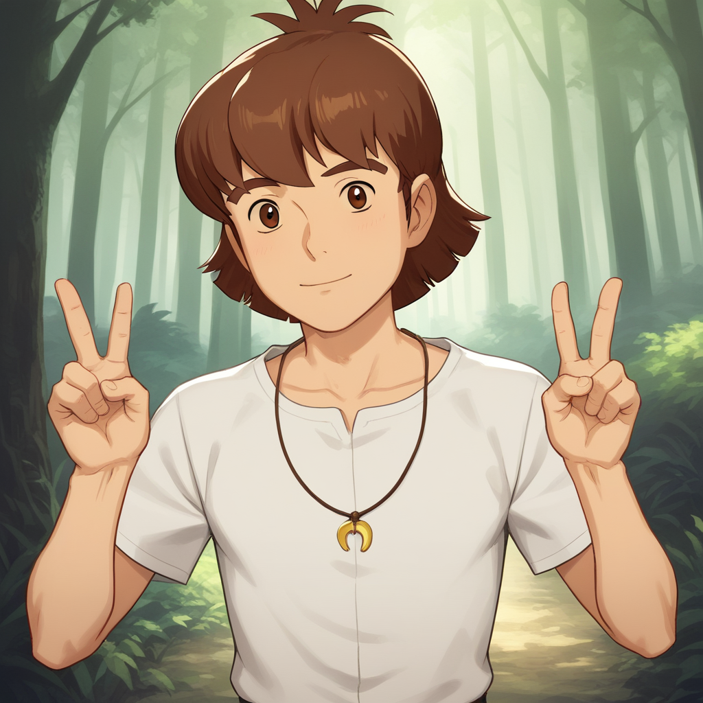 score_8_up, BREAK, Esteban, 1boy, solo, short hair, brown eyes, brown hair, white shirt, short sleeves, necklace,  cowboy shot, forest, double v,<lora:Esteban_CityOfGold_PXL_Leaf2:0.8>, looking at viewer,