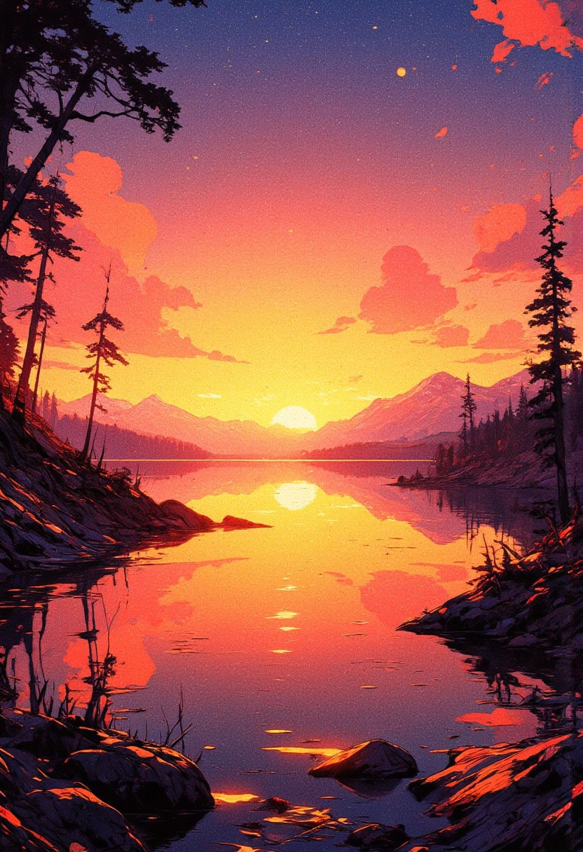 Capturing a breathtaking sunset over a tranquil lake, the sky painted in hues of orange and pink, with a silhouette of mountains in the background; warm and serene color temperature, cosmos lighting with stars twinkling in the sky, no human characters, the atmosphere is peaceful and reflective,  anime, cyberpunk