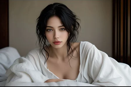 bellissima, laperla style, realistic, 1girl, solo, messy hair, smile, a woman in a white robe and a white dress sexy pose lying in a luxurious hotel room