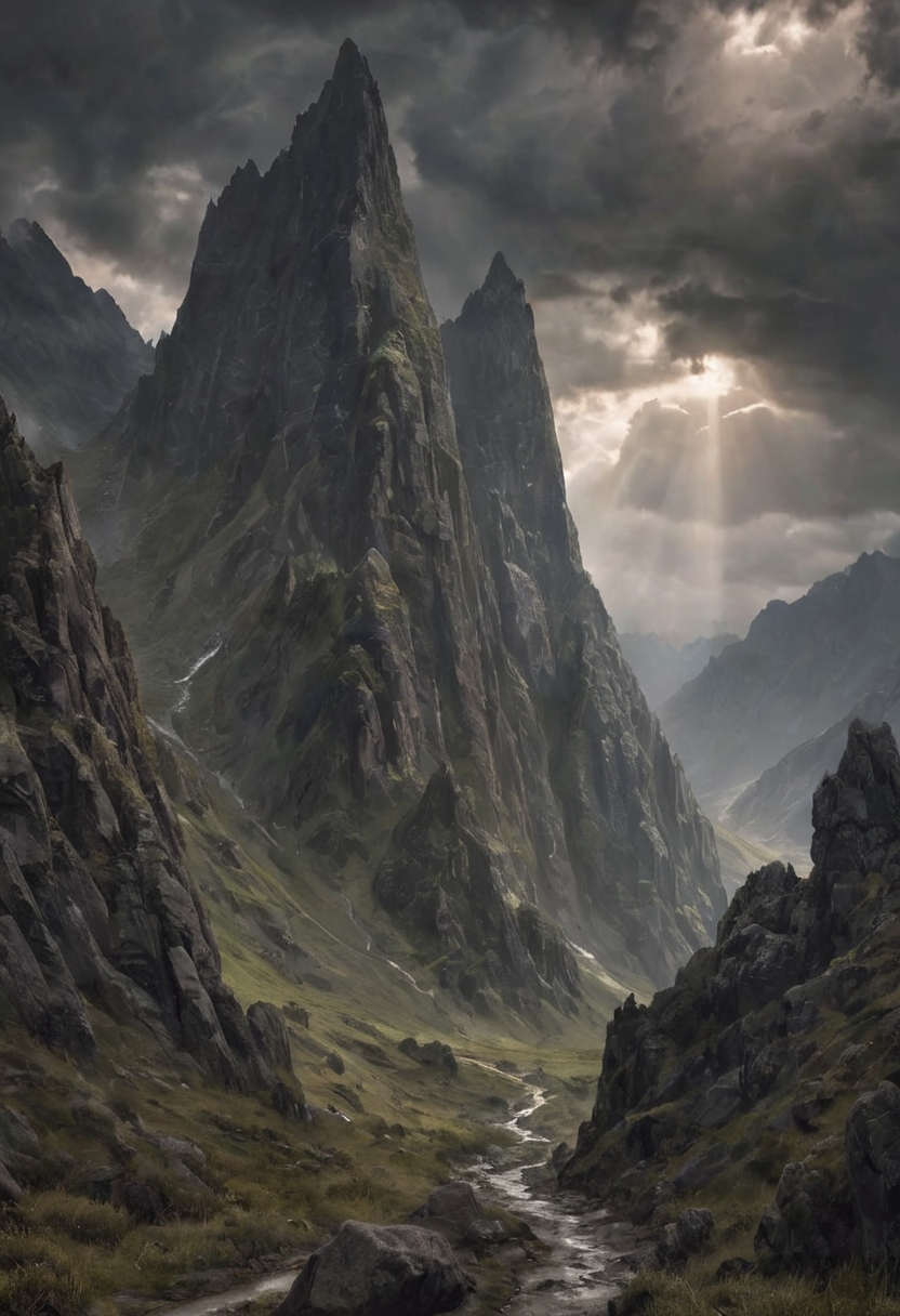 A winding mountain passage stretches ahead, its path flanked by towering, jagged peaks. The atmosphere is heavy with an ominous sense of foreboding, as shadows deepen across the rugged terrain. The journey appears dangerous, with treacherous cliffs and hidden perils awaiting travelers. The passage is framed by a stormy sky, with dark clouds swirling menacingly above, casting an eerie light on the rocky path.