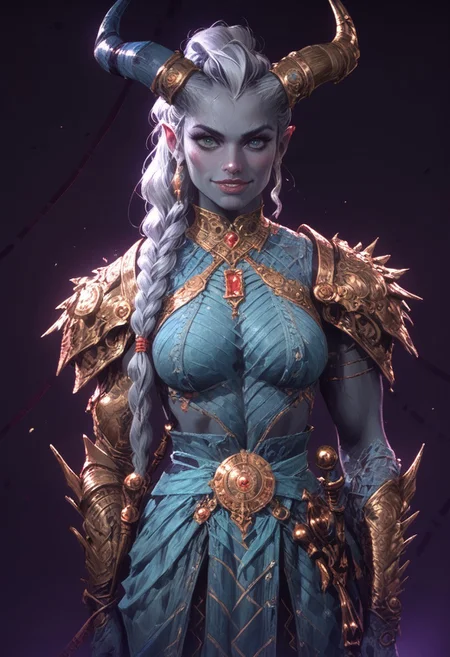 Stable_Yogis_PDXL_Positives,  (score_9, score_8_up, score_7_up), source_nsfw, ((face focus, eye focus, dynamic angle, motion)), fantasy,(1girl, solo, taash, qunari, taash_01, horns, grey skin) (white hair, single braid, very-long braid, lips, large breasts), breathless intimacy, textured skin, armor, skirt, athletic figure, toned, lust, big eyes, seductive eyes, detailed skin, athletic body, toned, narrow waist, wide hips, ((tiny waist)), ((hourglass figure)),((sexy pose)), sensual gaze, (confident, smirk, grin)
warm light, detailed, neon dark party
 BREAK
milky way, runes, arcane, astral, surreal, ethereal glow, masterpiece, best quality, intricate design. colorful, moonlit nightsky, moody whimsical color palette, bold soldering lines, volumetric light shining through, crepuscular rays, intricate craftsmanship, detailed texture, luminous transparency, reflective light play, vivid hues, atmospheric depth, enchanting silhouette, art nouveau,