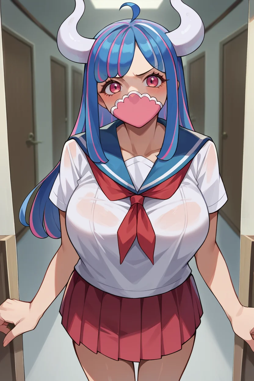 score_9, score_8_up, score_7_up, score_6_up, source_anime, 1girl, solo <lora:ulti-pdxl-nvwls-v1-000005:1> ulti, horns, pink eyes, long hair, multicolored hair, bangs, ahoge, mouth mask, white t-shirt, large breasts, sailor collar, red neckerchief, pleated skirt, red skirt, hallway, looking at you, blush