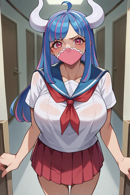 score_9, score_8_up, score_7_up, score_6_up, source_anime, 1girl, solo <lora:ulti-pdxl-nvwls-v1-000005:1> ulti, horns, pink eyes, long hair, multicolored hair, bangs, ahoge, mouth mask, white t-shirt, large breasts, sailor collar, red neckerchief, pleated skirt, red skirt, hallway, looking at you, blush